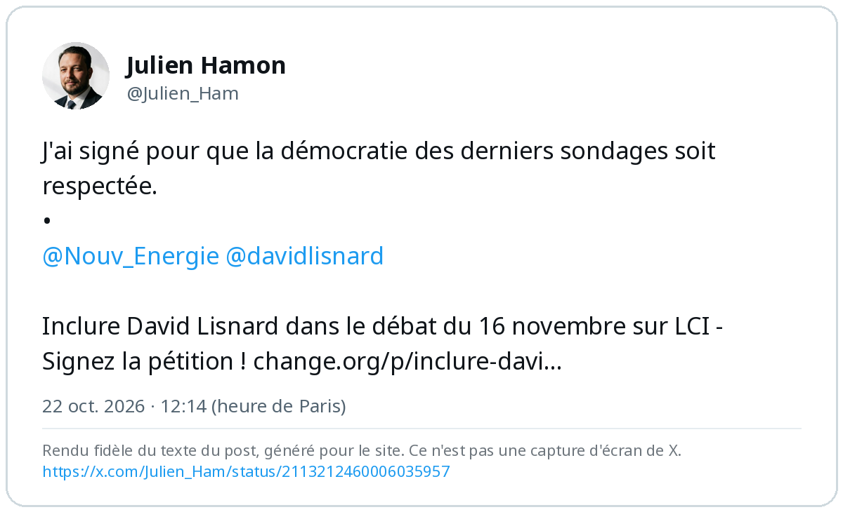 Post de Julien Hamon sur X du 22 octobre 2026