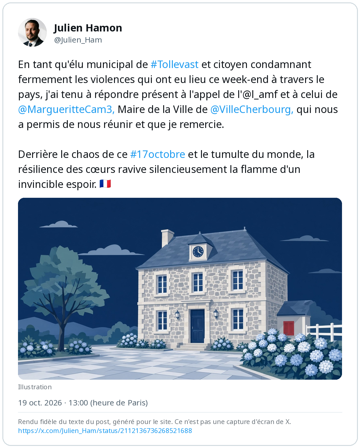 Post de Julien Hamon sur X du 19 octobre 2026