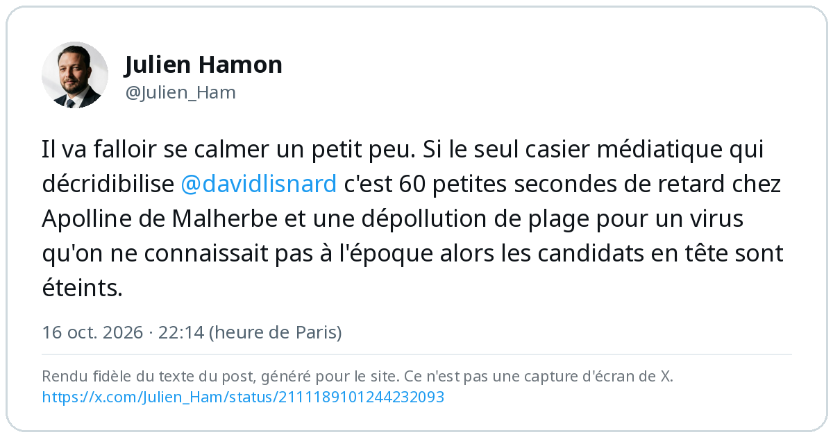 Post de Julien Hamon sur X du 16 octobre 2026